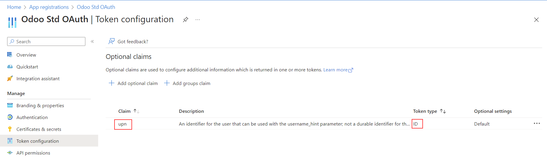 Configuration des claims optionnels à activer côté Azure pour que les informations attendues par Odoo soient transmises
