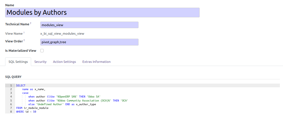 Onglet SQL Settings d'une vue SQL : la requête est saisie dans le champ query, avec chaque colonne préfixée x_