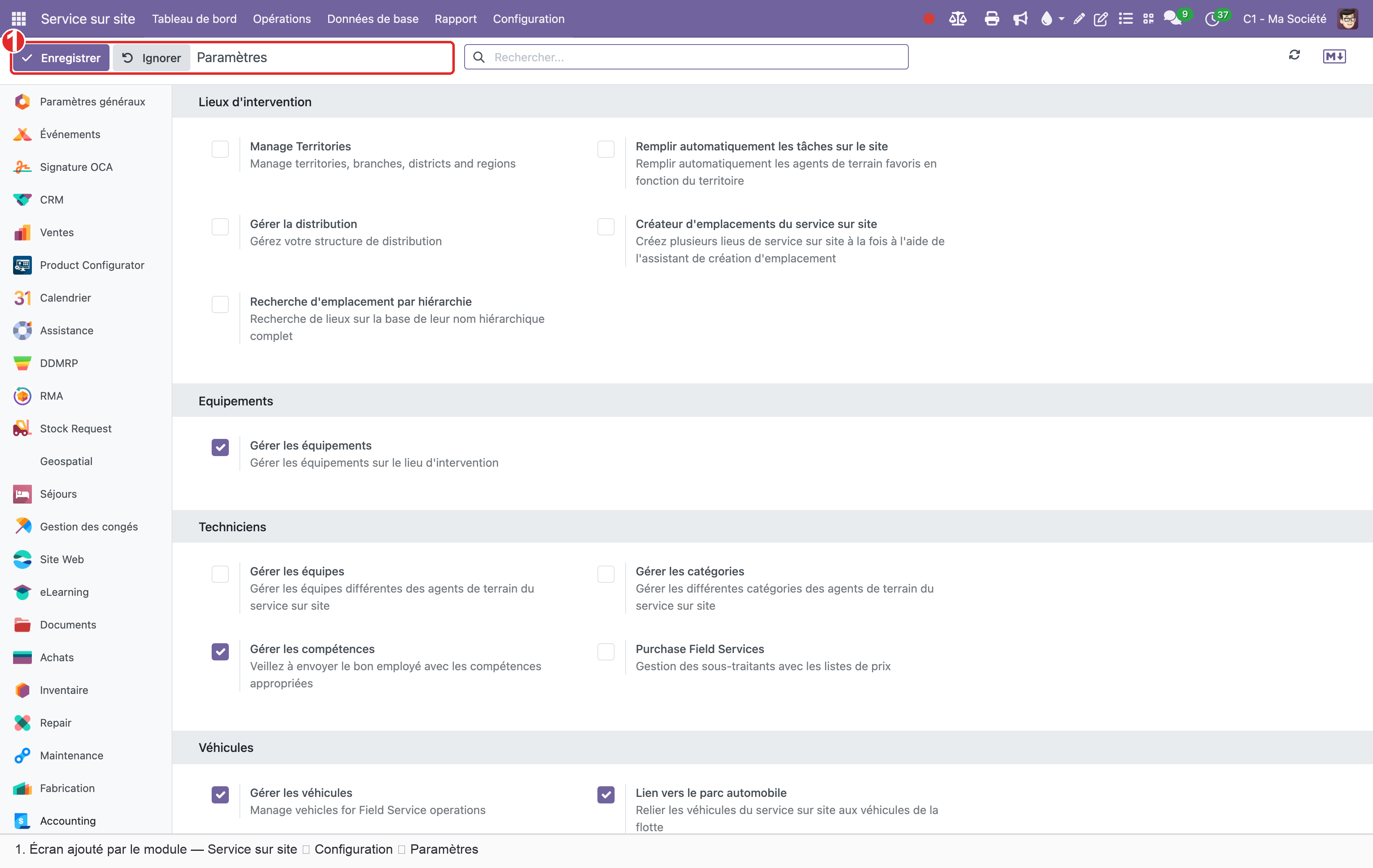 Écran Paramètres du module Field Service : les cases à cocher qui activent chaque extension — comptabilité, ventes, stock, récurrence