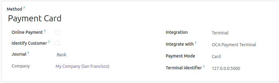 Méthode de paiement configurée avec le terminal OCA et son mode carte ou chèque