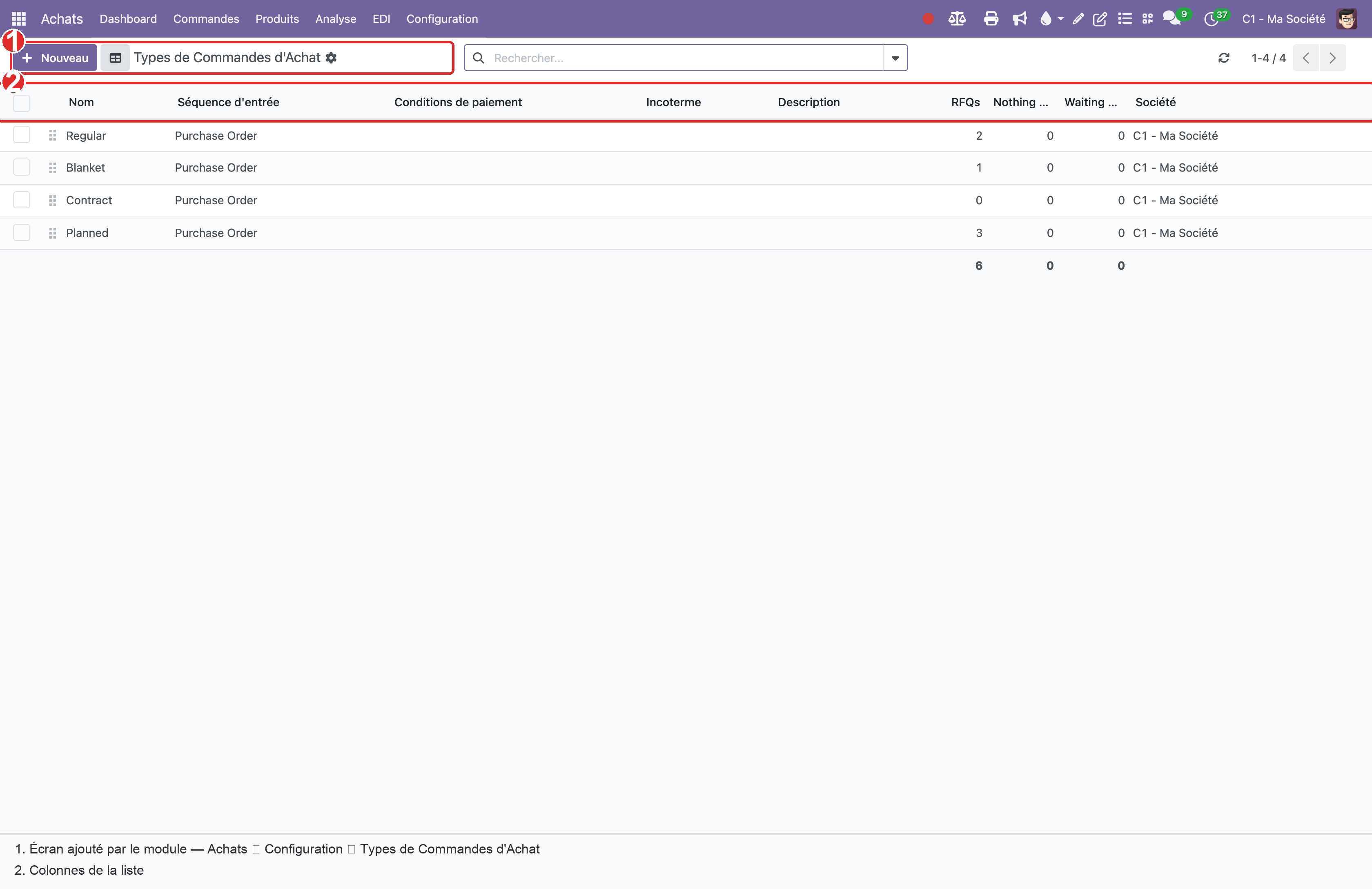 Liste des types de commandes d'achat : chaque type avec sa séquence de numérotation et ses valeurs par défaut